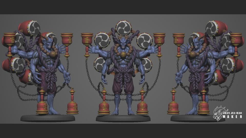 1) 照片顯示了一個三頭六臂的藍色皮膚神靈,手中拿著鈴鐺和鼓,並被鏈子包圍著