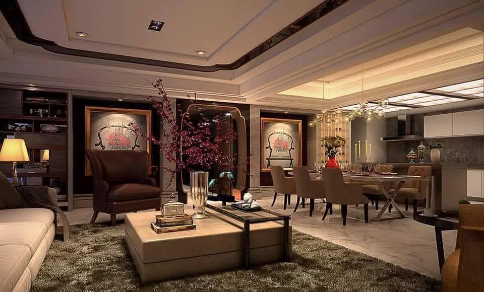 這張「客廳」的照片是一間豪華的現代家居,其中有舒適的沙發,一張大茶几,以及一束美麗的鮮花。客廳還有一個壁爐,牆壁上掛著畫作,整個空間都散發著溫馨和舒適的氛圍。