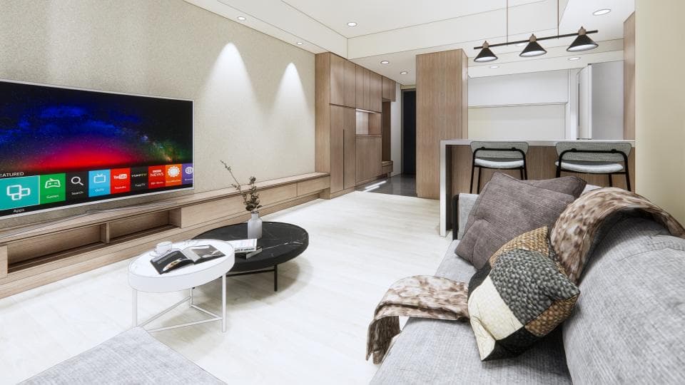 這張「客廳」的照片是一個現代化的公寓,有著大型電視、舒適的沙發、簡約的咖啡桌,以及木質地板。