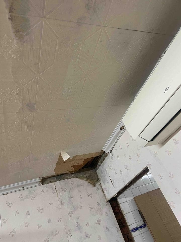 這張照片是一個房間的角落,角落有一個破損的牆壁。牆壁的損壞非常明顯,可以看到牆壁內部的結構。牆壁周圍的壁紙也有些損壞。