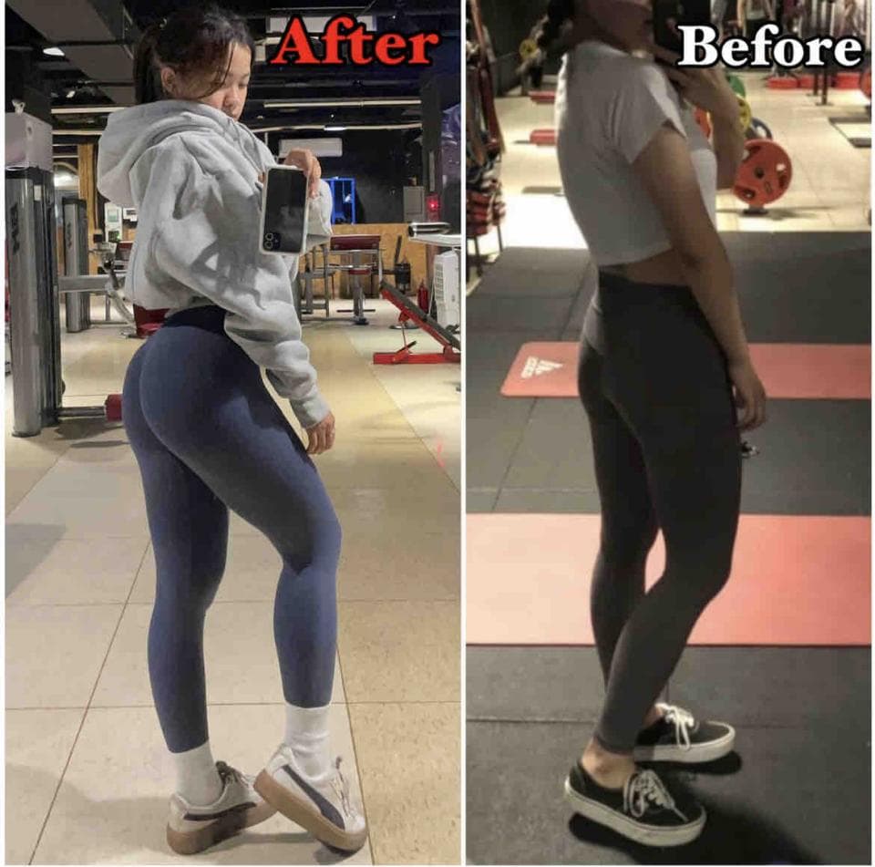 這張照片是一個對比圖,左邊是「After」,右邊是「Before」,展示了運動前後身材的變化,最顯著的差異是腿部線條和臀部的形狀。
