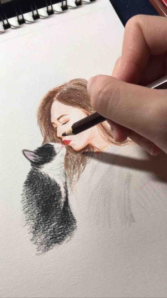 這張照片是一幅女孩與貓咪的鉛筆畫,女孩用鉛筆輕輕地描繪著貓咪的毛髮,畫面充滿著溫馨與愛意。