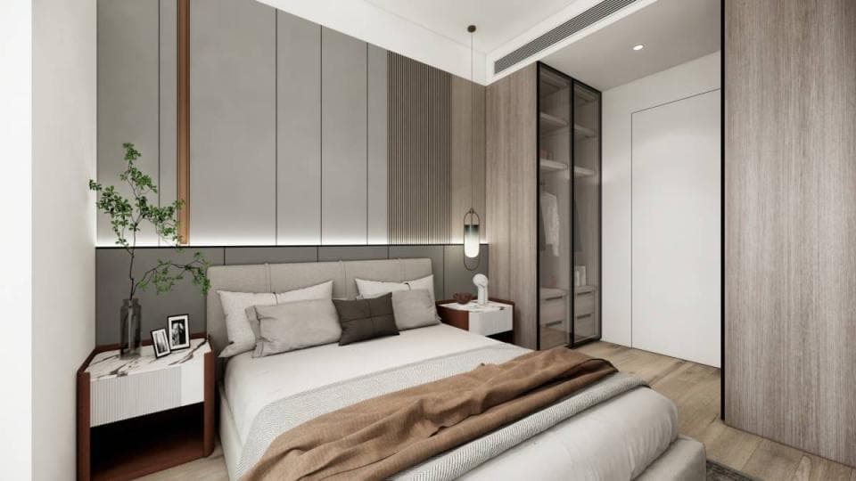 這張「臥室」的照片是一個現代化的房間,床頭板是灰色的,床頭櫃是白色的,房間的牆壁是米色的,窗戶是白色的,房間裡還有一張床,床上放著枕頭和被子,整體感覺非常舒適和簡潔。