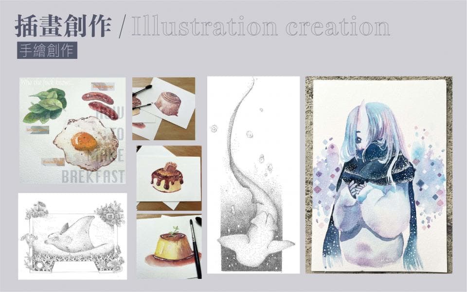 1) 這張照片展示了六幅不同主題的手繪插畫,包括早餐、甜點、海底生物和人物
