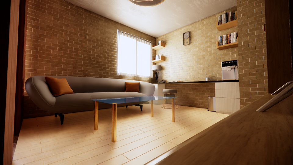 這張「現代風格客廳」的照片是,一個灰色沙發,一個玻璃茶几,以及一個磚牆背景。