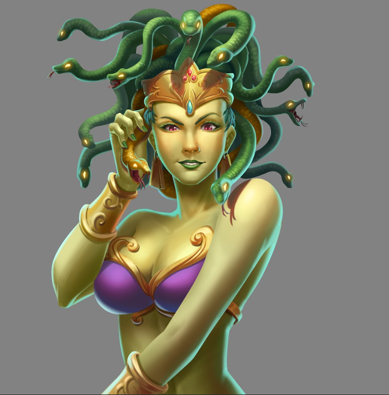 1) 照片顯示一個女性角色,頭上有蛇髮,穿著紫色和金色的服裝,手拿著一條蛇,背景是灰色