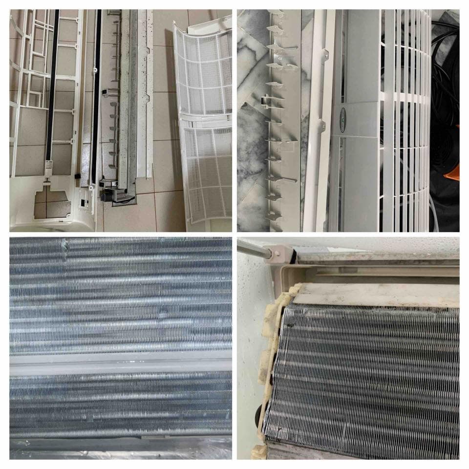 1) 照片顯示了一個空調系統的內部,包括風扇、濾網和冷凝器