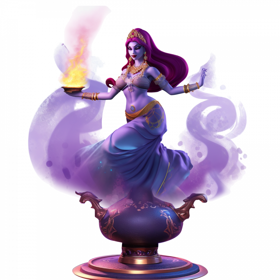 1) 照片顯示一位身穿紫色長袍的女性角色,她手持一個小碗,周圍環繞著紫色煙霧,她站在一個紫色的罐子裡,罐子上有精緻的金色裝飾,底部有金色和藍色的底座
