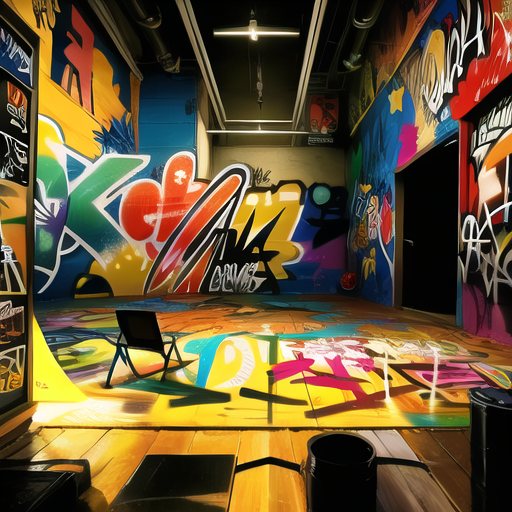 這張「塗鴉牆」的照片是,一個空曠的房間,牆壁上有很多彩色的塗鴉,地上有一個摺疊椅,旁邊有兩個垃圾桶。