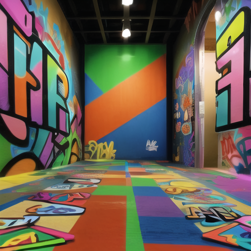 這張「塗鴉藝術」的照片是色彩繽紛的房間,牆壁上佈滿了各種形狀和顏色的塗鴉,地板是五顏六色的方格,充滿了活力和創意。