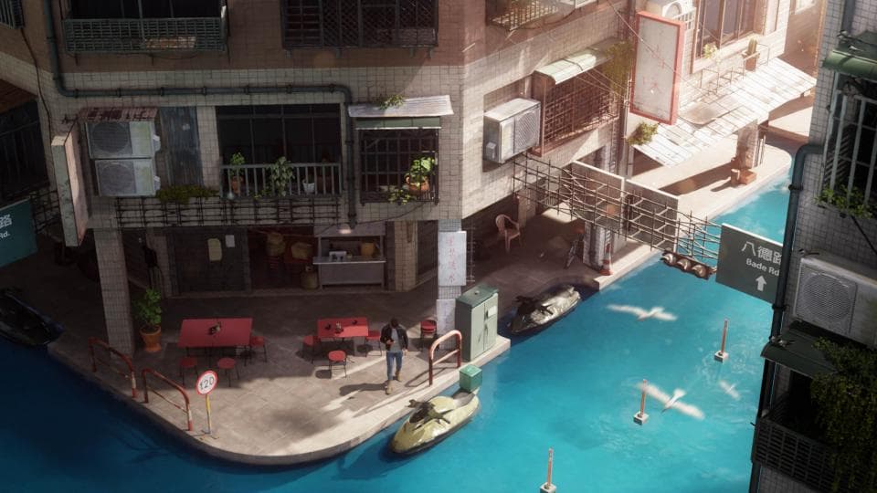 這張照片是一座城市裡的水道,水道兩旁是古老的建築物。建築物之間有木橋連接,水道中還有小船和白鳥,畫面充滿了寧靜與美好。