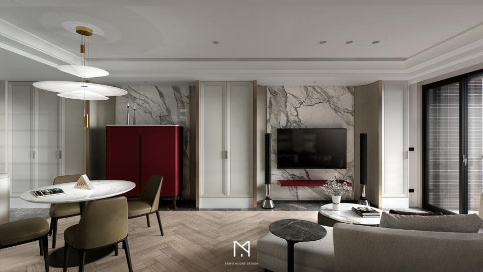 這張「客廳」的照片是一個簡約的現代風格,有著大理石牆面,電視牆,一個紅色的櫃子,和一個簡潔的餐桌。