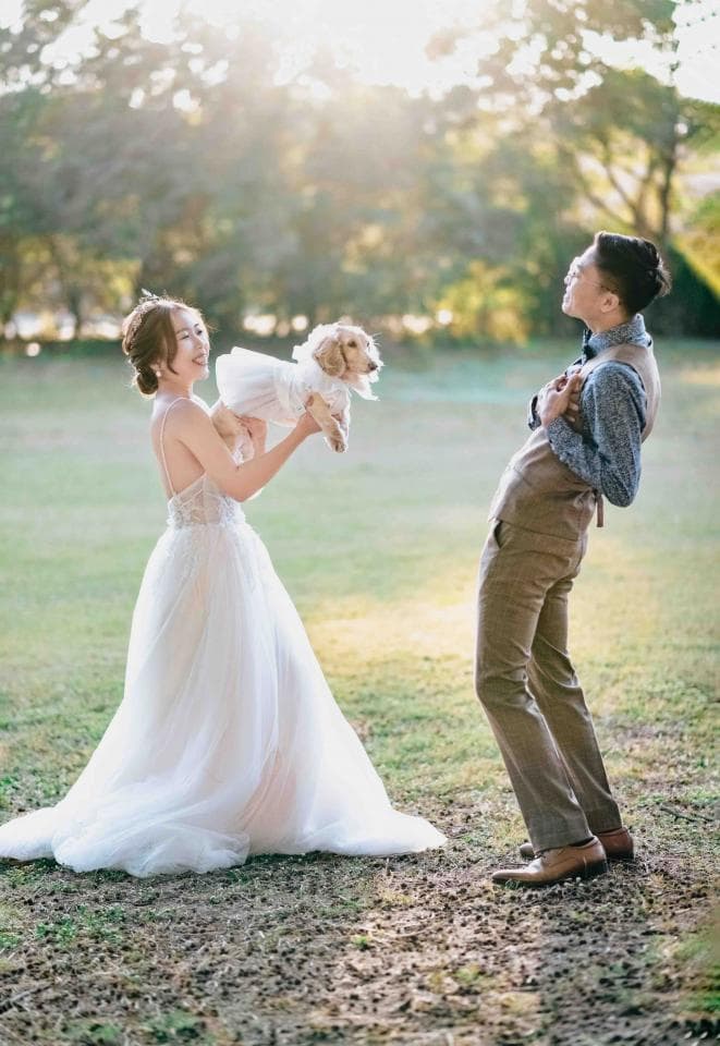這張「婚禮」的照片是一對新人和他們的狗狗在戶外拍婚紗照。新郎穿著棕色西裝,新娘穿著白色婚紗,狗狗穿著白色禮服。他們看起來很幸福,在美好的陽光下,留下美好的回憶。