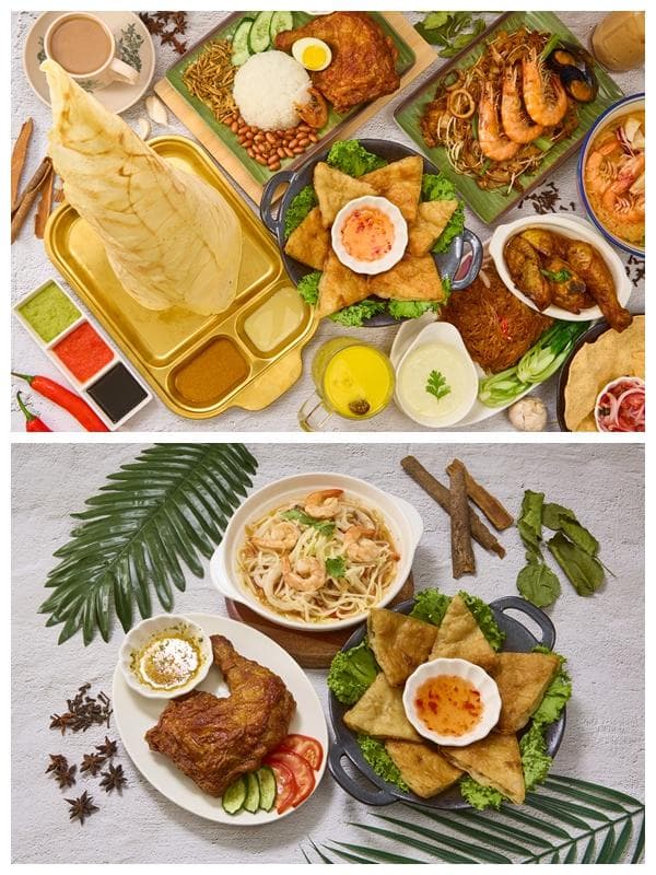 這張「馬來西亞美食」的照片是: 一盤 Roti Canai、一盤 Nasi Lemak、一盤炒粿條、一盤雞肉、一盤炸豆腐,還有其他小菜。