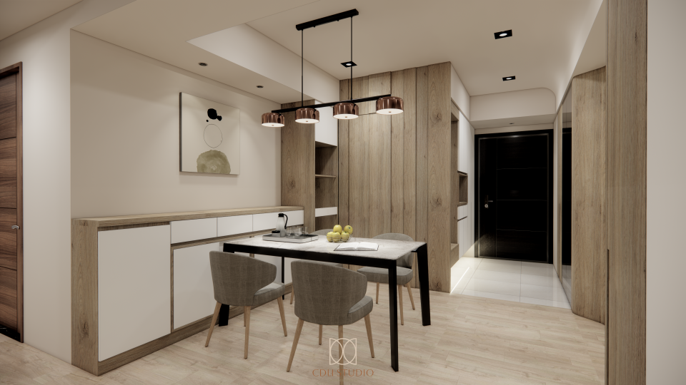 這張「餐廳」的照片是一個現代化的餐桌,以木質為主,配上簡約的燈光設計,營造出溫馨舒適的用餐氛圍。餐桌旁有四張灰色的椅子,旁邊有一個木質的櫃子,櫃子上擺放了一些裝飾品,增添了空間的層次感。