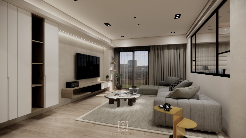 這張客廳的照片是,一個現代化的客廳,配有灰色沙發和一個木製的茶几,牆壁上掛著電視,旁邊有一個白色櫃子。