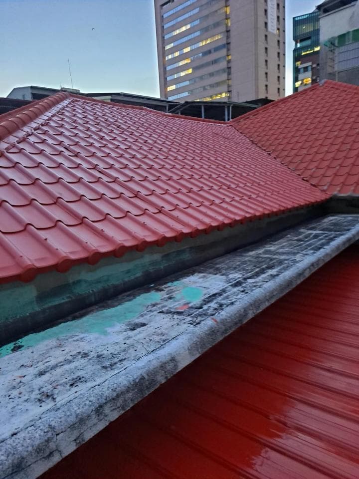 1) 照片顯示一個紅色屋頂的建築物,屋頂上有雨水槽,雨水槽上有綠色和灰色的污漬