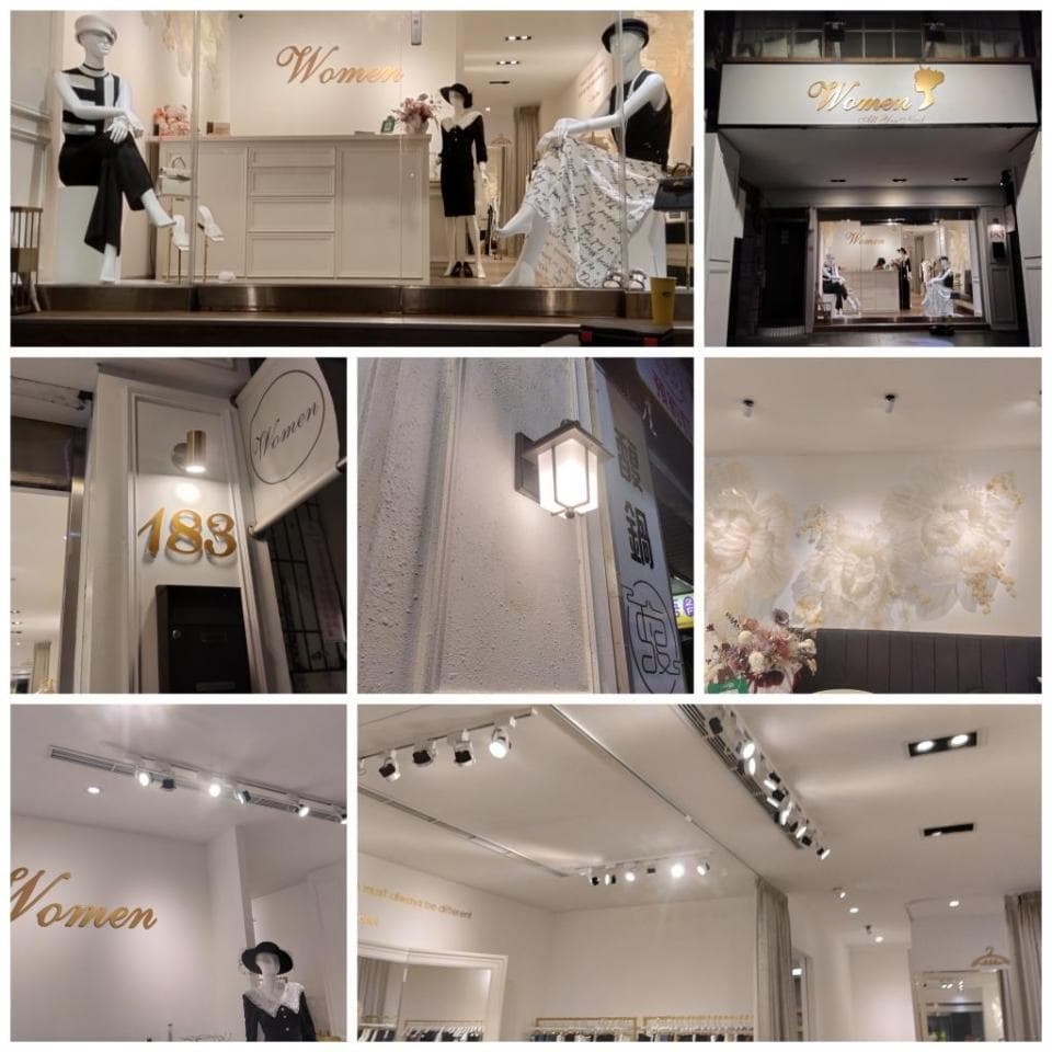 1) 這是一張照片,包含了多個商店的外部和內部的視角