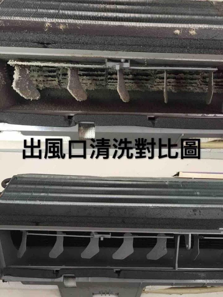 1) 照片顯示一個空調的出風口,上半部是清洗前,佈滿灰塵,下半部是清洗後,乾淨明亮