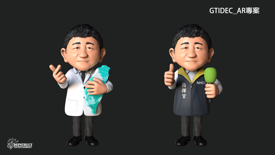 1) 照片顯示了兩個 3D 卡通人物,他們都穿著不同的衣服