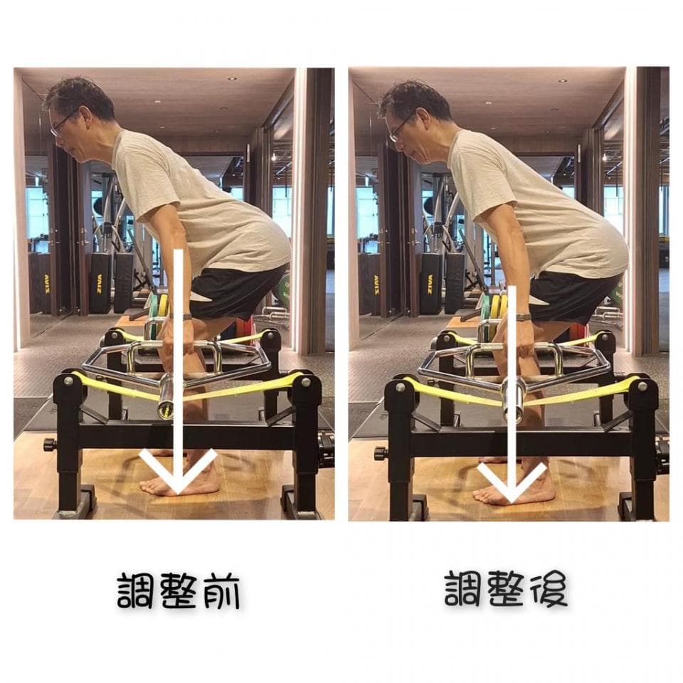 這張照片是展示了「槓鈴硬舉」運動的正確姿勢,左側為運動前,右側為運動後。運動前後最大的差別在於運動員的腿部位置,運動前膝蓋彎曲,運動後雙腿伸直。