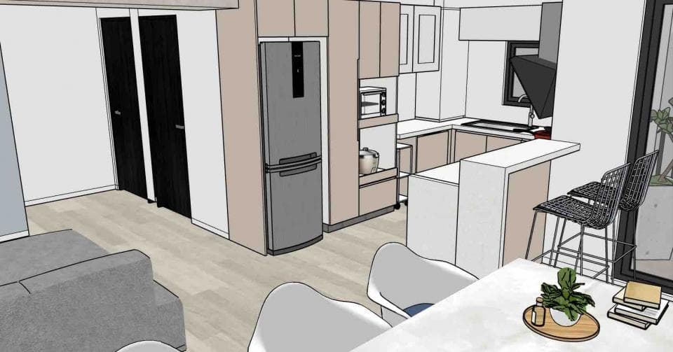 這張「現代化廚房設計」的照片是,一個開放式廚房,裡面有一個大型冰箱、一個廚房中島和一個餐桌。