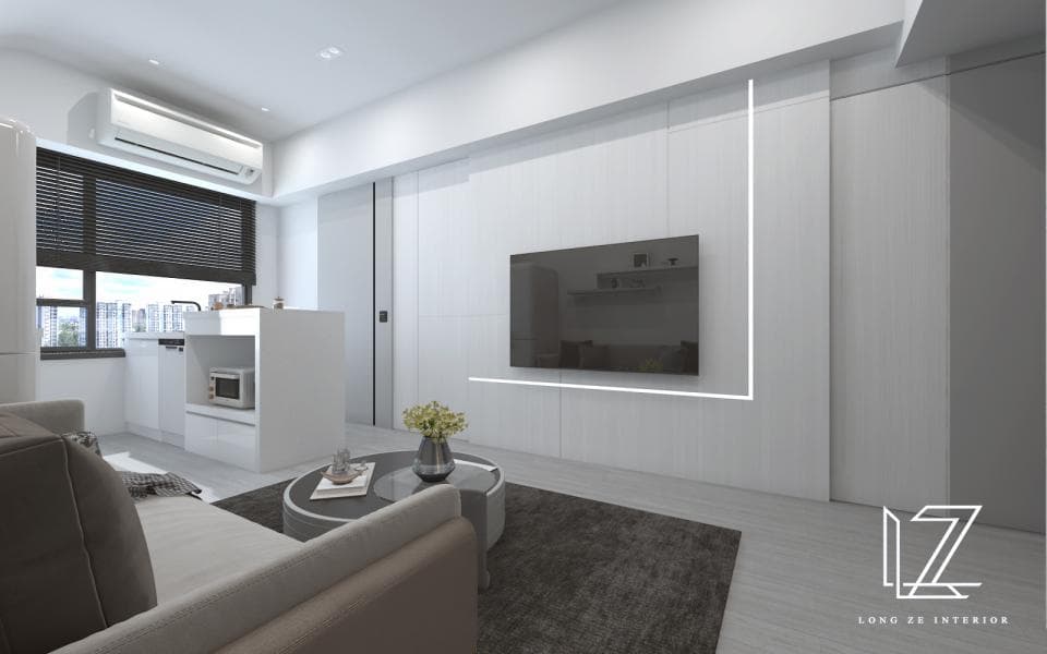 這張「現代風格客廳」的照片是一間簡約的客廳,背景是一面白色牆壁,牆上有一個電視,電視下方有一個小桌子,旁邊有一張沙發,還有一盞燈。