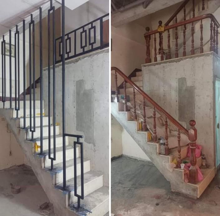 1) 這張照片顯示兩個不同風格的樓梯扶手