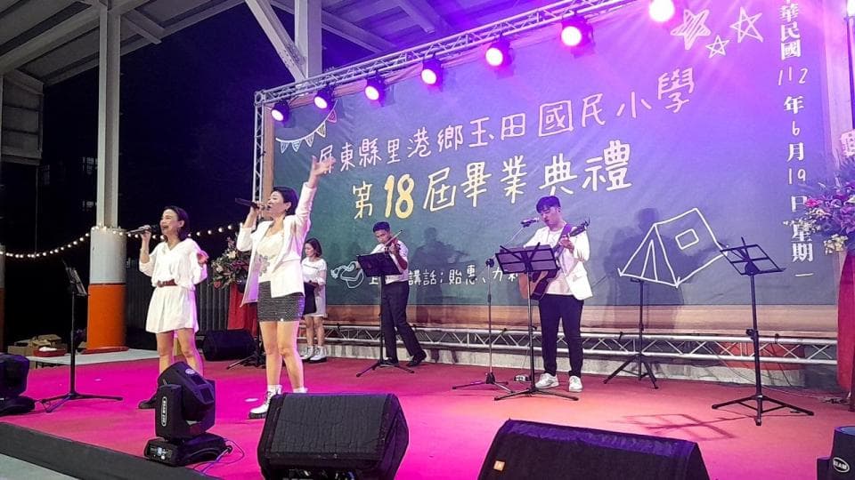 這張「舞臺表演」的照片是,一群年輕人正在臺上唱歌和演奏樂器,背景是一塊寫著「第 18 屆畢業典禮」的布條。