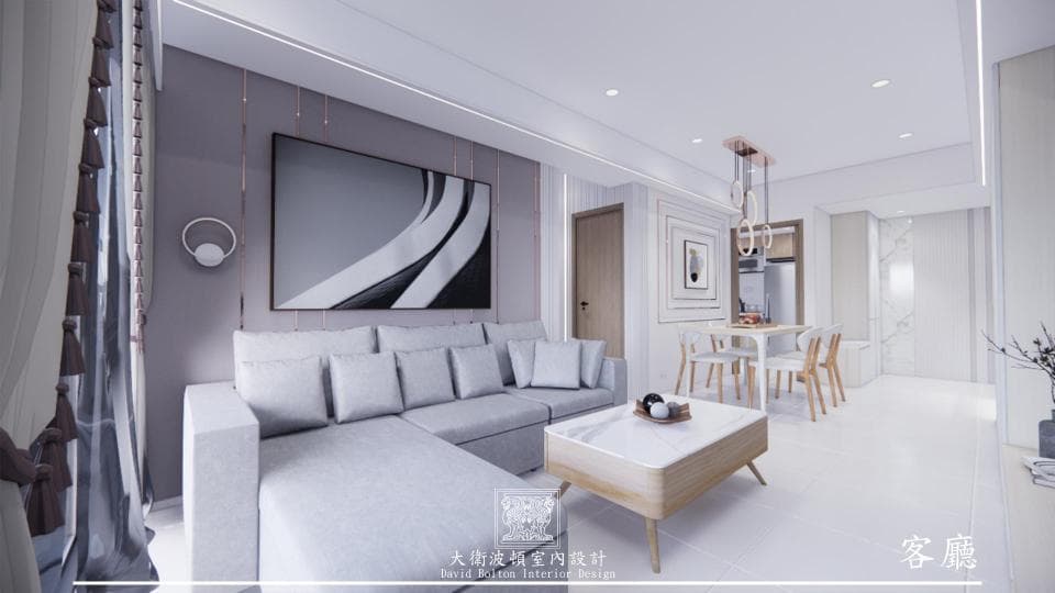 這張照片是一間現代風格的客廳,最顯眼的元素是牆上的一幅抽象畫作,畫作以黑白灰為主色調,呈現出流暢的線條,與客廳整體的簡約風格相呼應。