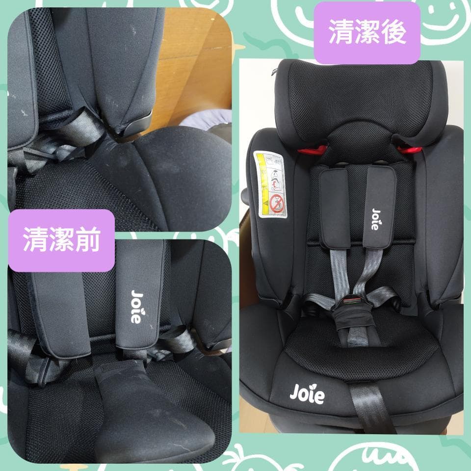 1. 照片顯示兩個相同的兒童安全座椅,一個髒污,一個乾淨