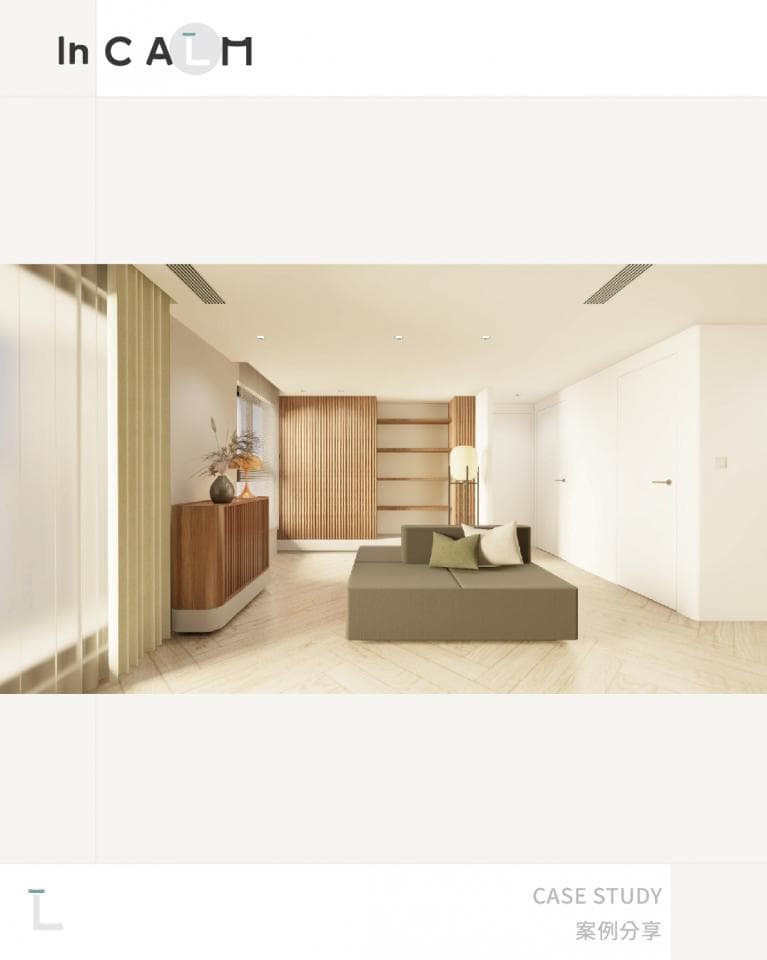 這張「室內設計」的照片是一個現代化的客廳,房間使用淺色系,傢俱以木質為主,配有沙發、櫃子,營造舒適放鬆的氛圍。