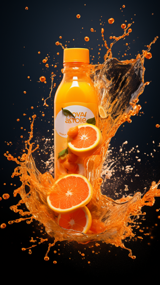 這張「橘子汁」的照片是一瓶橘子汁被潑灑,形成橙色的水花。