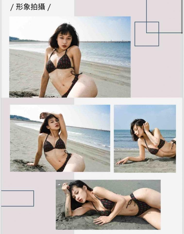 這張照片是三張不同角度的沙灘比基尼照片。