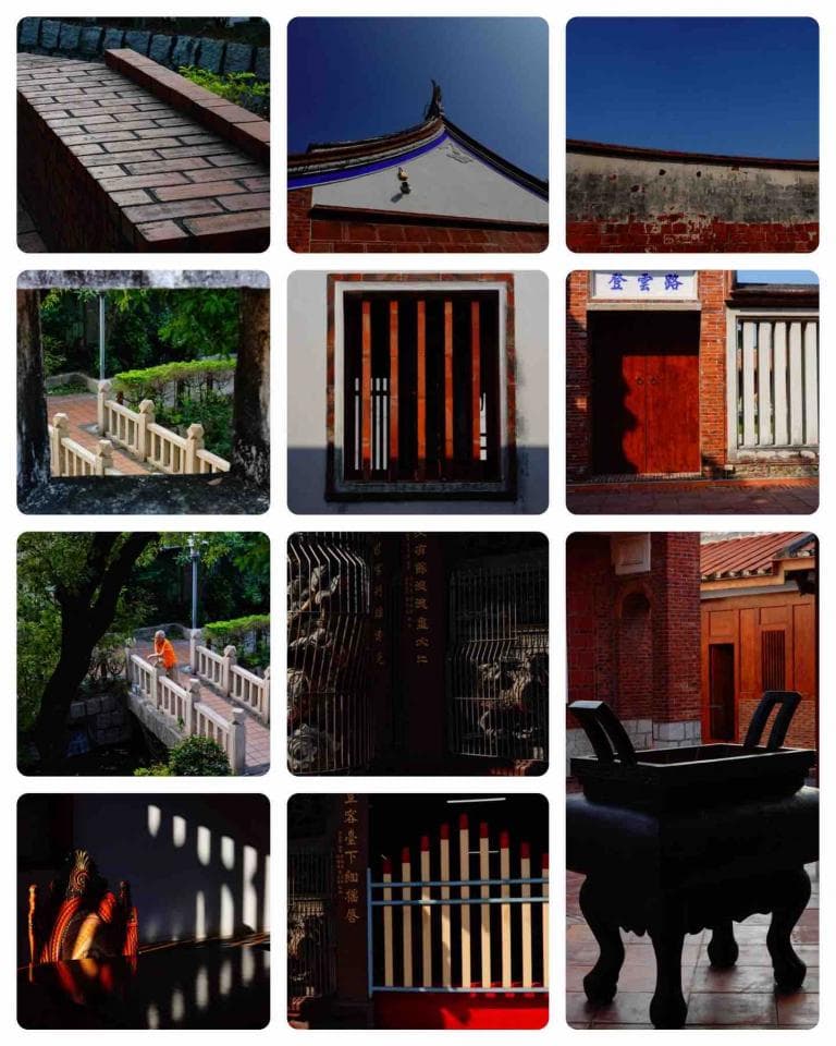 這張「九宮格」的照片是臺灣傳統寺廟建築,包括屋頂、窗戶、磚牆、欄杆和香爐。