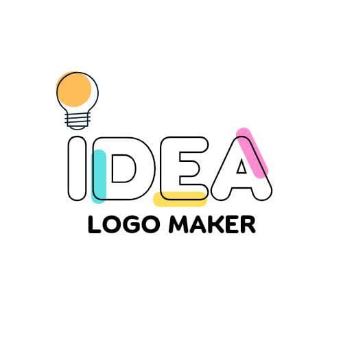 這張照片是一個商標,它描繪了「IDEA」這個詞,並以明亮的色彩點綴,上方有一個黃色的燈泡圖案。