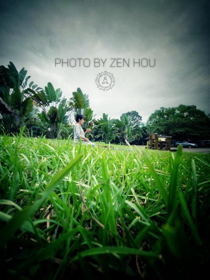 這張「綠草如茵的田野」的照片是一個人坐在草地上,頭頂是陰天,背景是樹林和遠處的房子。