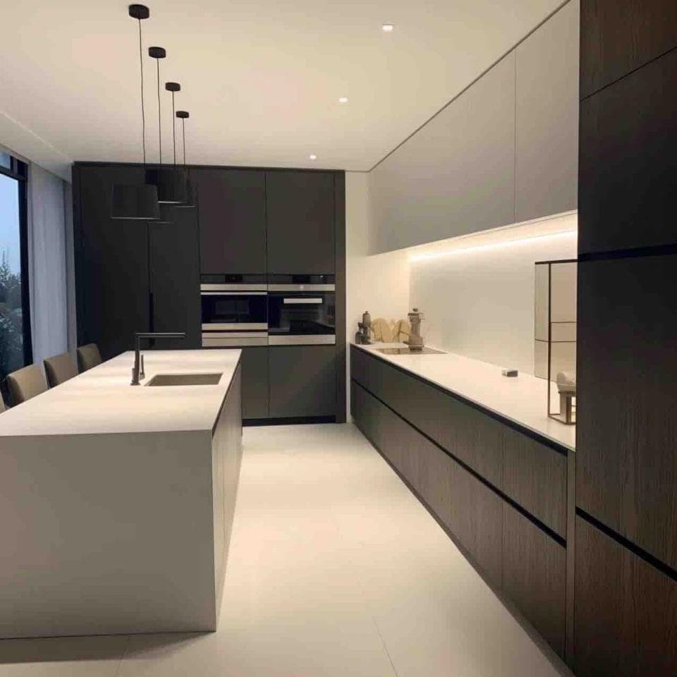 這張照片是一個現代化的廚房,最顯眼的是中間的白色大理石中島,它與黑色的櫥櫃形成鮮明的對比,讓空間看起來更加明亮、寬敞。