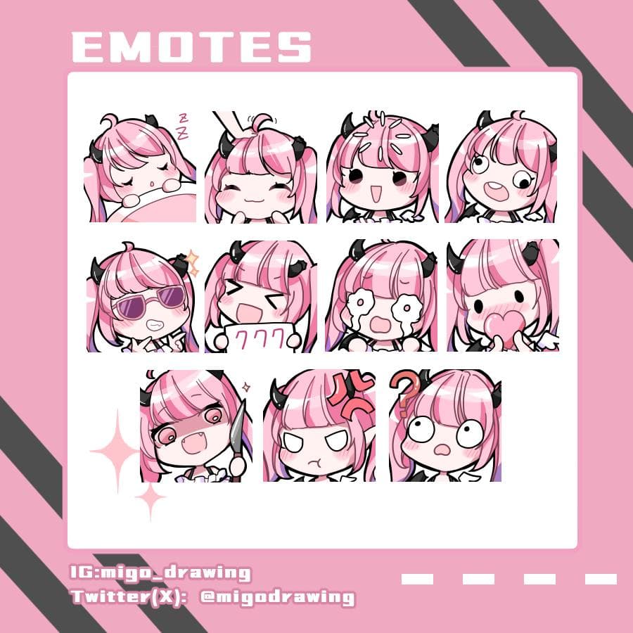 這張照片是九個不同的表情符號,每個表情符號都描繪了一個粉紅色頭髮的女孩,展現不同的表情,例如驚訝、生氣、害羞等等。這些表情符號可愛且富有表現力,適合用於聊天或社交媒體。