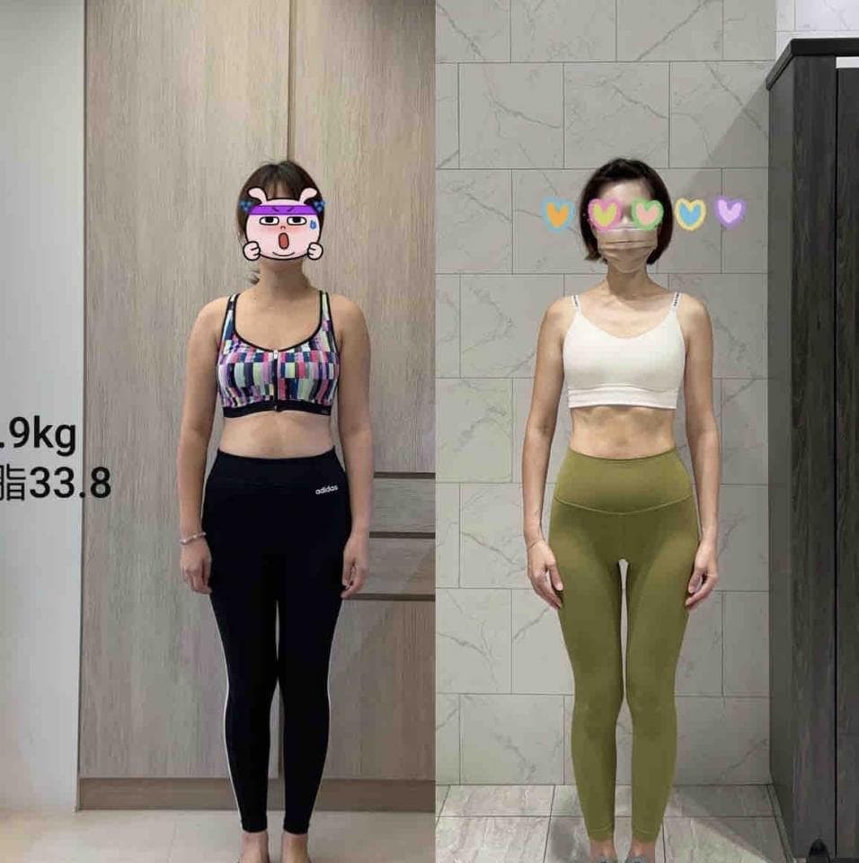 這張照片是一個女人的前後對比照,展現了她減肥後的成果。她明顯瘦了很多,身材變得更加勻稱,腹部也變得平坦。
