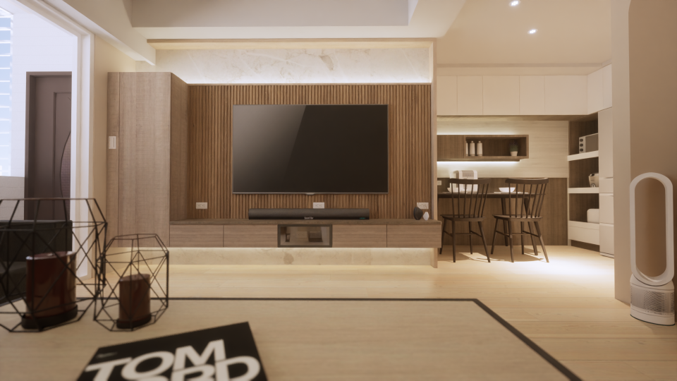 這張「客廳」的照片是一間帶有木質裝潢的現代化客廳,電視牆使用木紋板材,並搭配白色櫃體,客廳擺放著一張沙發,以及兩個黑色鐵藝的茶几。