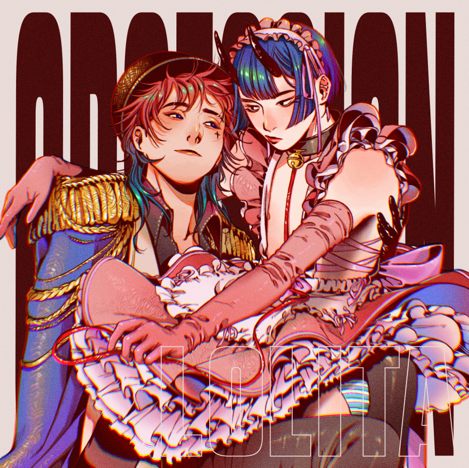 這張照片是兩個穿著華麗服裝的人,一個穿著金色和藍色的制服,另一個穿著粉紅色和白色的蕾絲裙。他們看起來很親密,互相依偎。