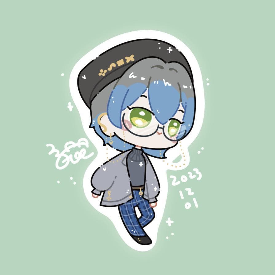 這張「可愛卡通人物」的照片是一個戴著帽子和眼鏡,穿著灰色外套和藍色格紋褲子的男生。