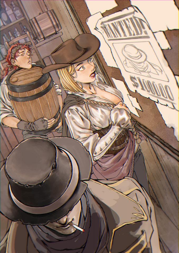 這張照片是一名戴著寬邊帽的女性,她穿著白色襯衫,領口開著,露出胸膛,正在閱讀一張通緝令。她身後的男人戴著黑色高帽,看起來很神秘。