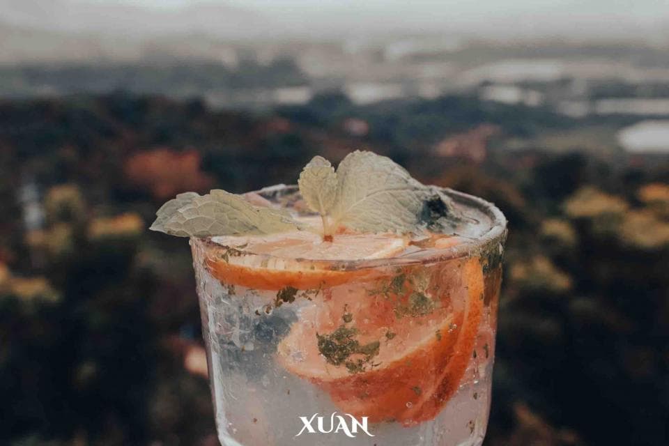 這張「一杯裝滿冰塊和水果的飲料」的照片,是放在一個模糊的背景,看起來像是在戶外。