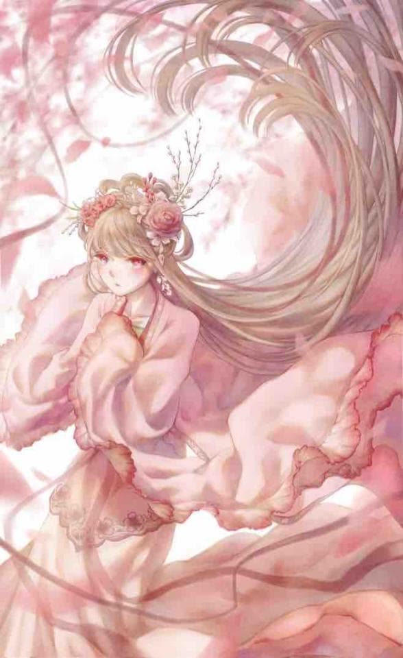 這張「少女」的照片是,一位穿著粉色長裙的少女,她的頭髮很長,飄散在空中,她戴著花環,看起來很美麗。