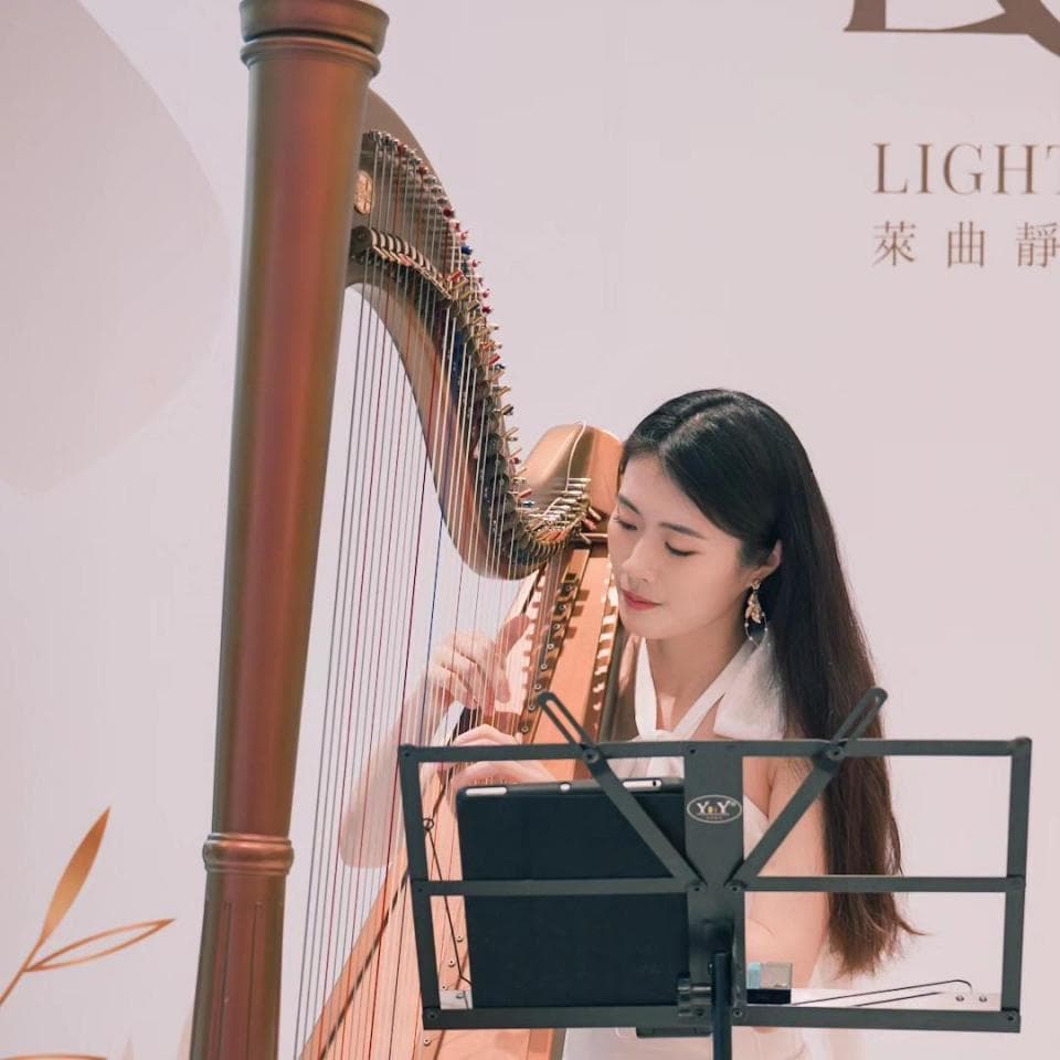 1) 照片中一位穿著白色上衣的女性正在演奏豎琴