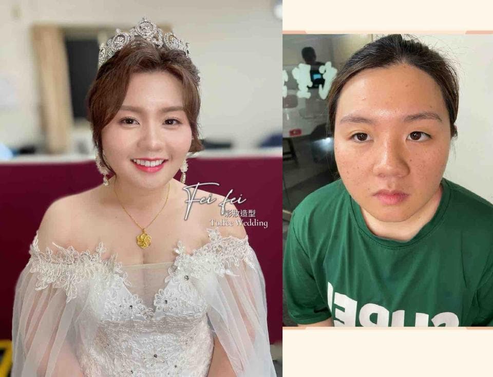 這張照片是一個新娘的婚紗照,照片中新娘穿著美麗的婚紗,頭上戴著精緻的皇冠,笑容甜美,看起來非常幸福。