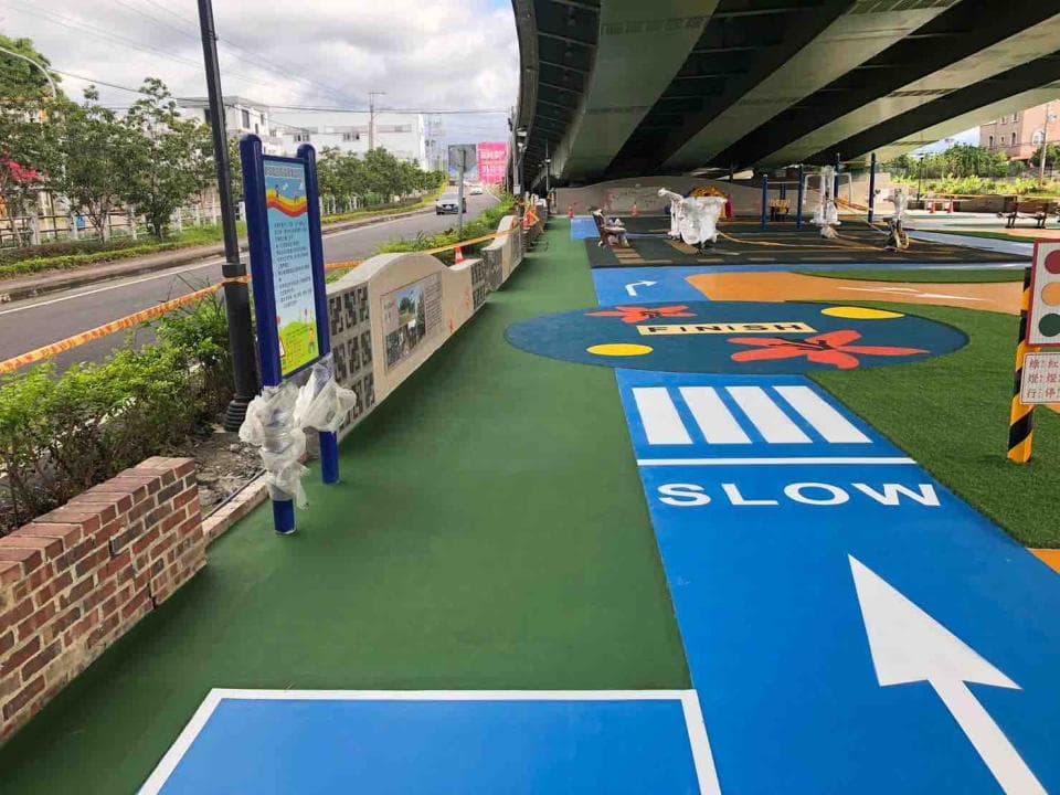 1) 照片顯示一個在橋下方的兒童遊樂場,有綠色草皮、藍色、黃色和紅色的裝飾,以及一個寫著 "慢行" 和 "終點" 的標誌