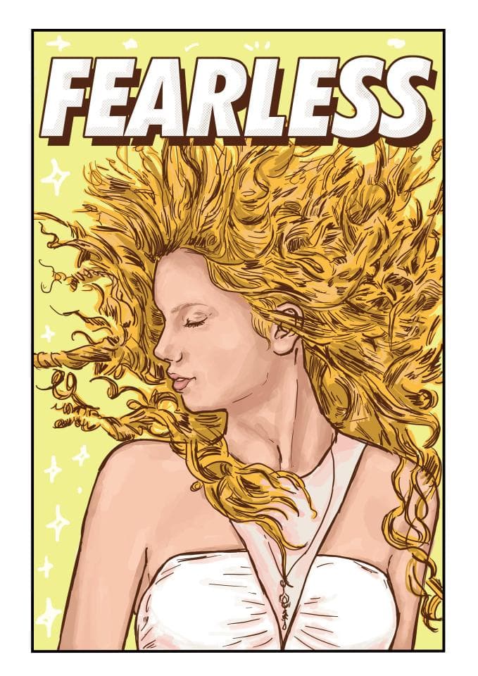 這張「無懼」的照片是一個金髮女郎,她的頭髮飄揚著,眼睛閉著,看起來很放鬆。她穿著一件白色的衣服,背景是黃色的。